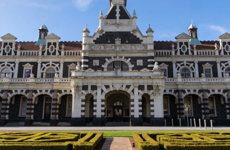 Exterior of the Dunedin Railway Station. 