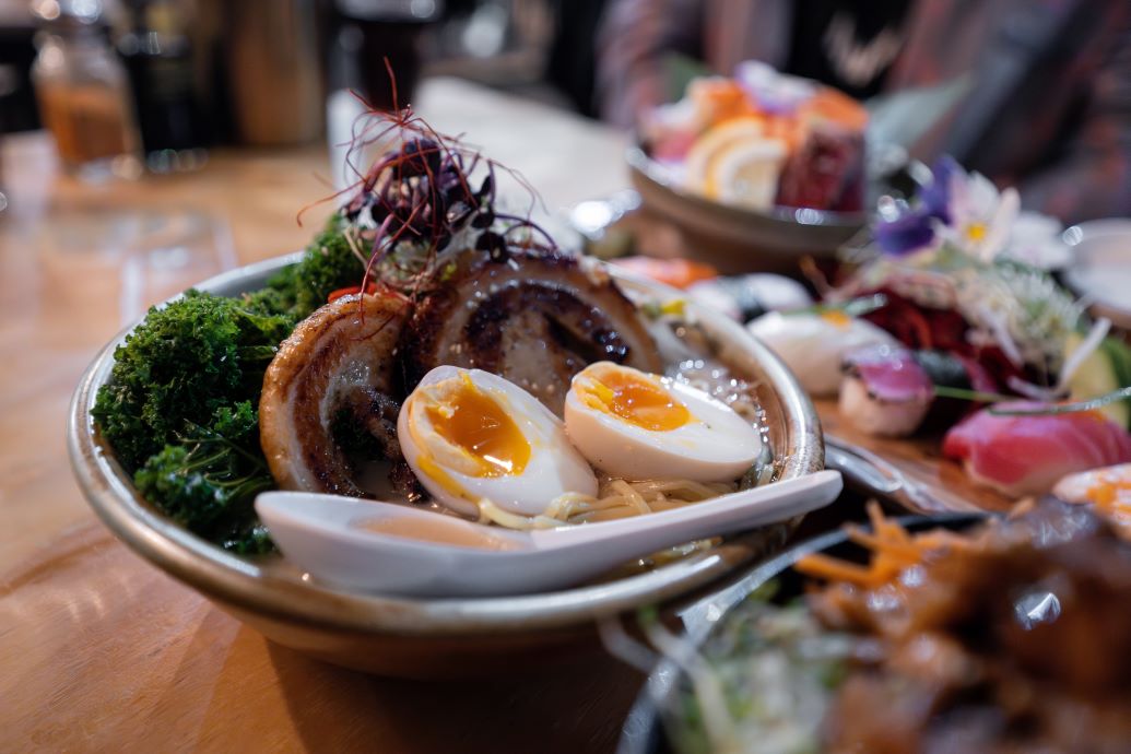 A bowl of food at a Japanese restaurant. 